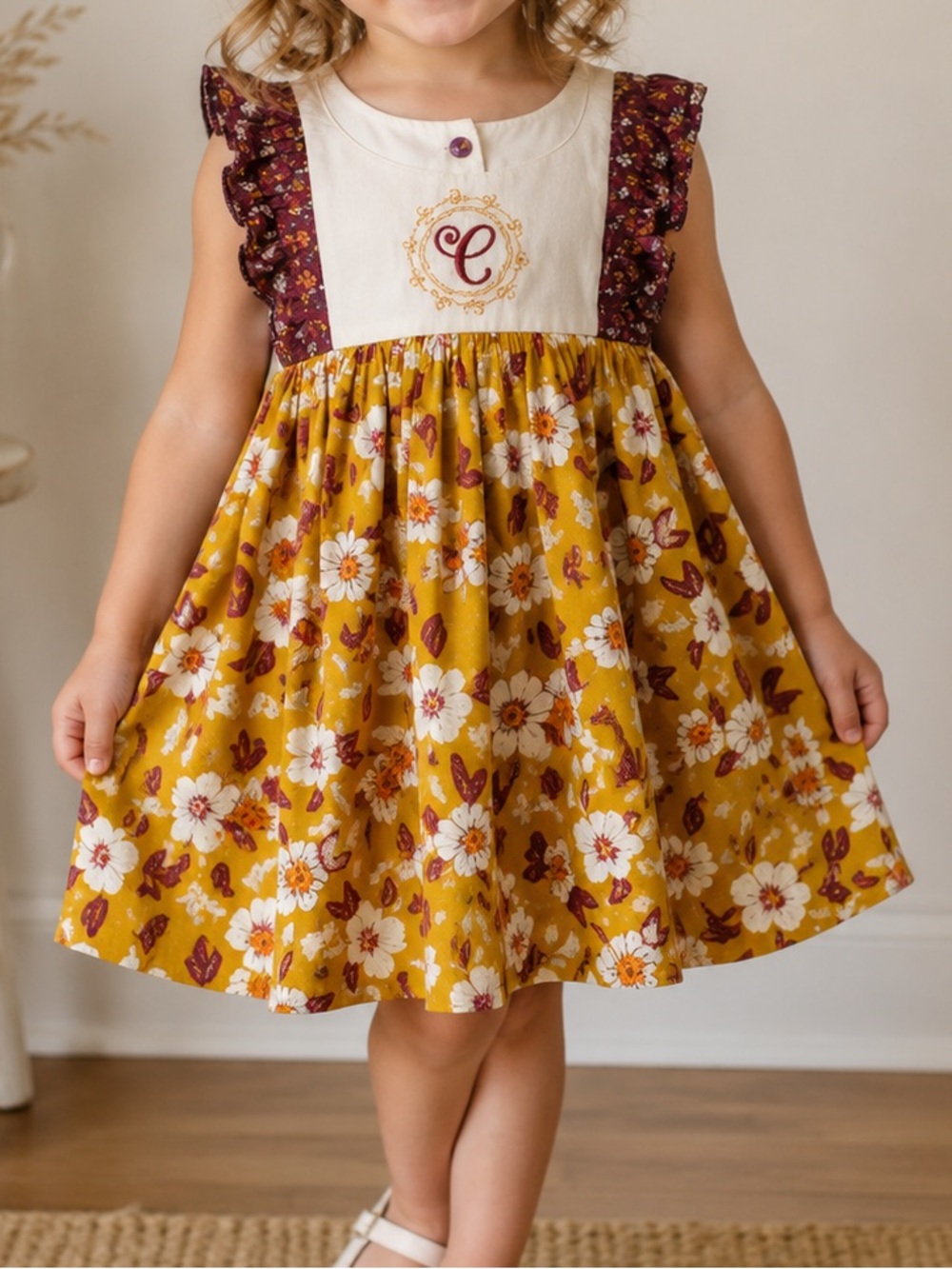 Handmade A Stitch of Joy Girls Floral Dress Monogram “C” Mustard Ruffle Sleeve